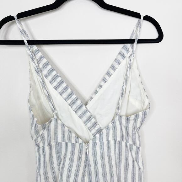 Lunik Small S Blue Cream Striped Button Detail Romper Cotton Blend VNeck Pockets - Picture 7 of 11